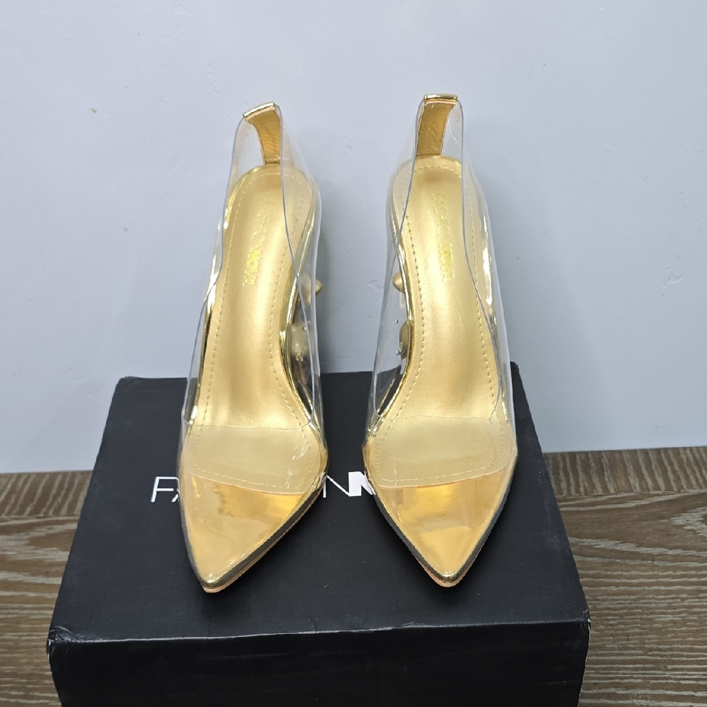Fashion Nova Gold and Clear Heels